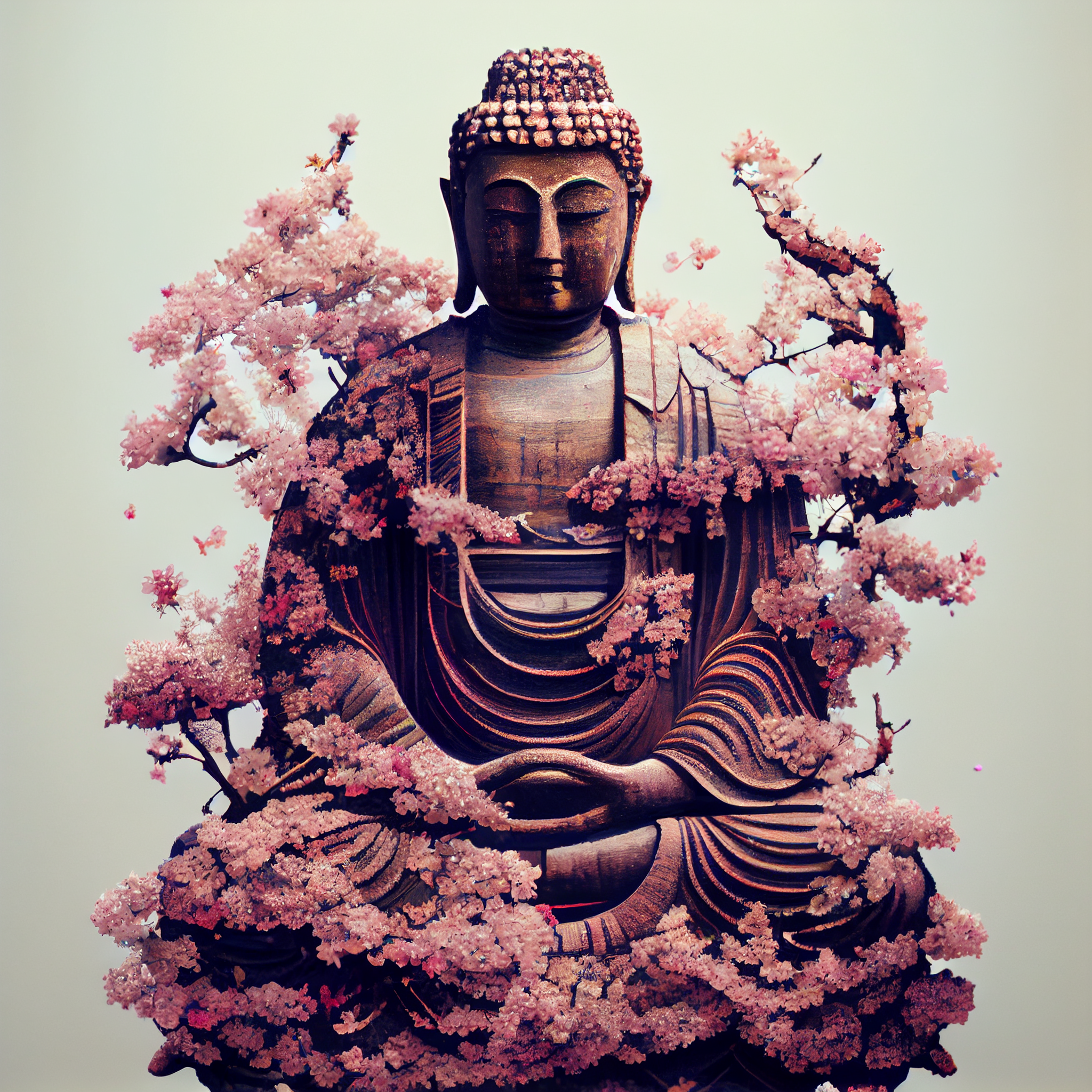 The Buddha surrounded by cherry blossoms