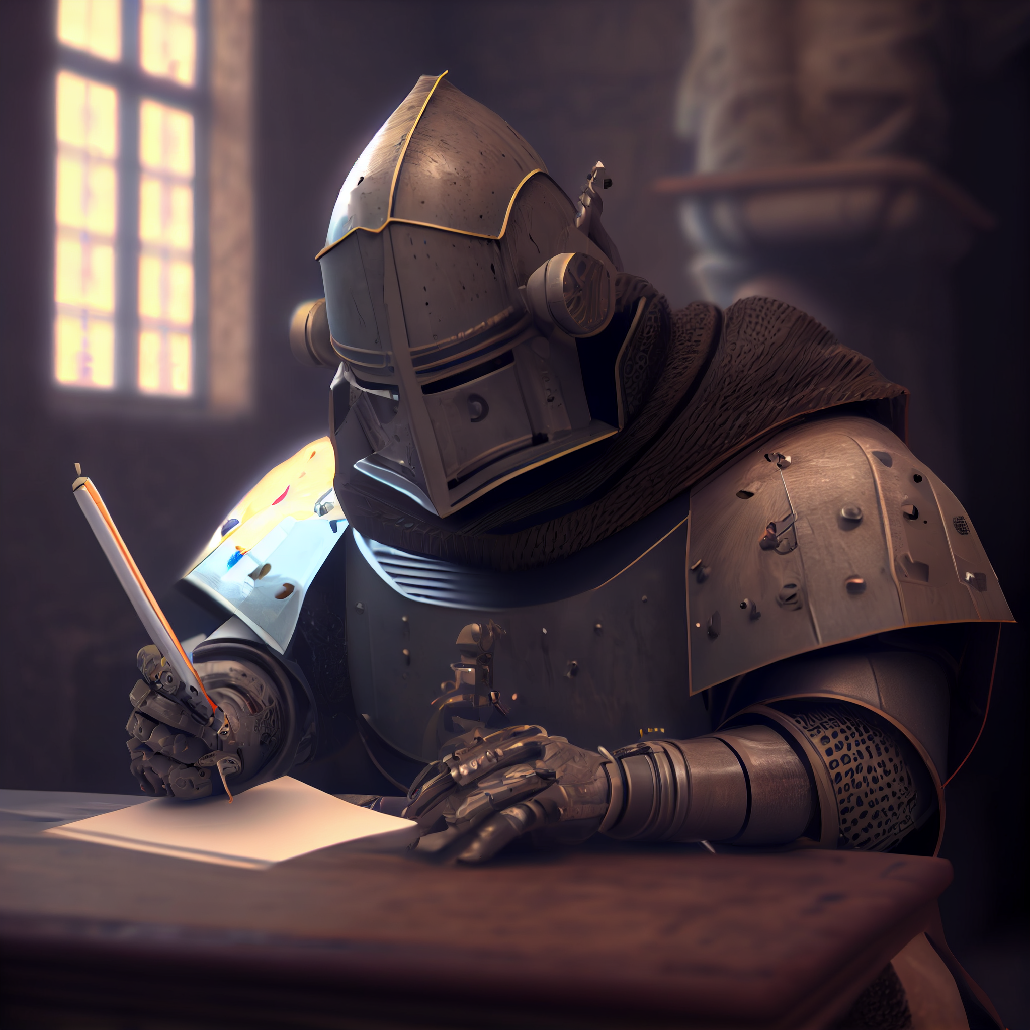 A robot writing with a quill in a scriptorium